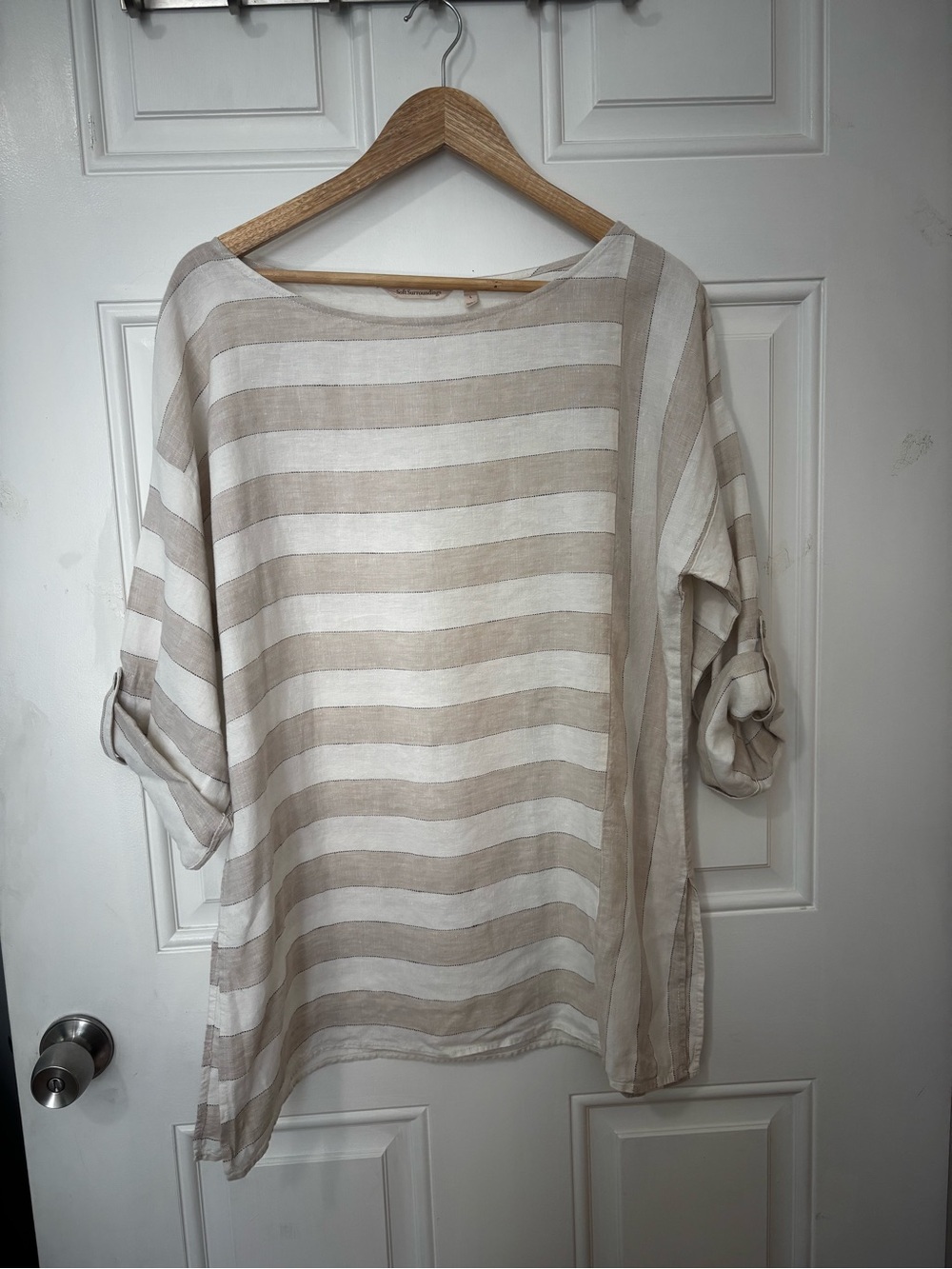 Soft surroundings linen tunic large cream oat striped oversized coastal beachy